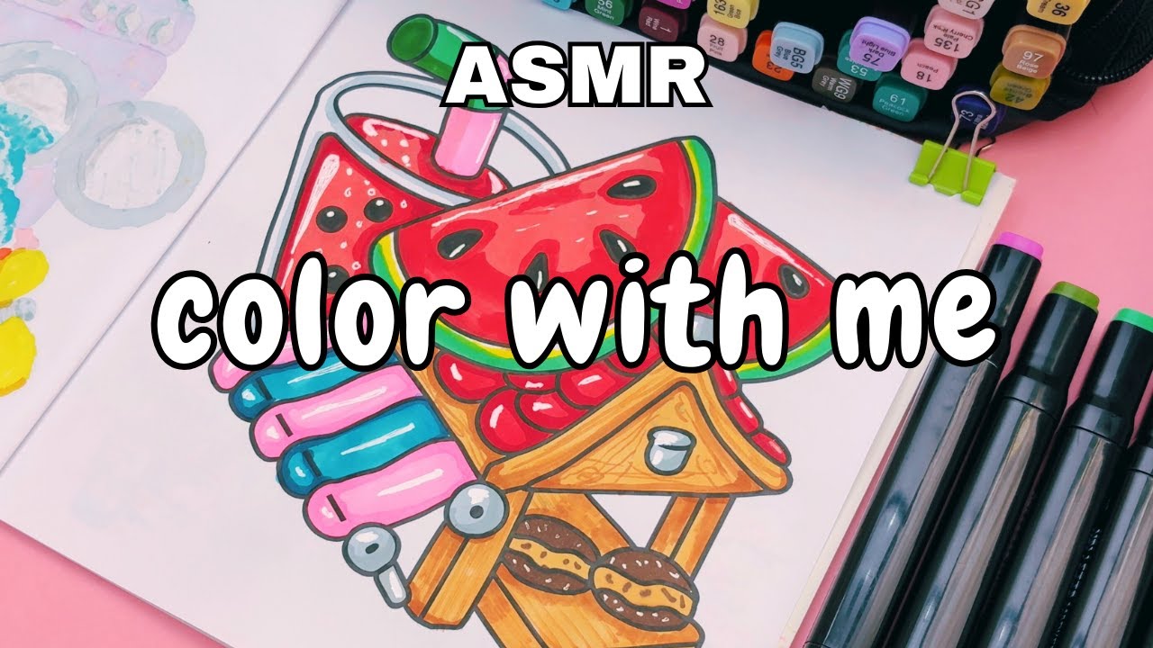 Color with me (ASMR) Using Markers 🌸 Hygge Place  Watermelon Juice Stand  🌸No Talking 🌸 No Music👉18