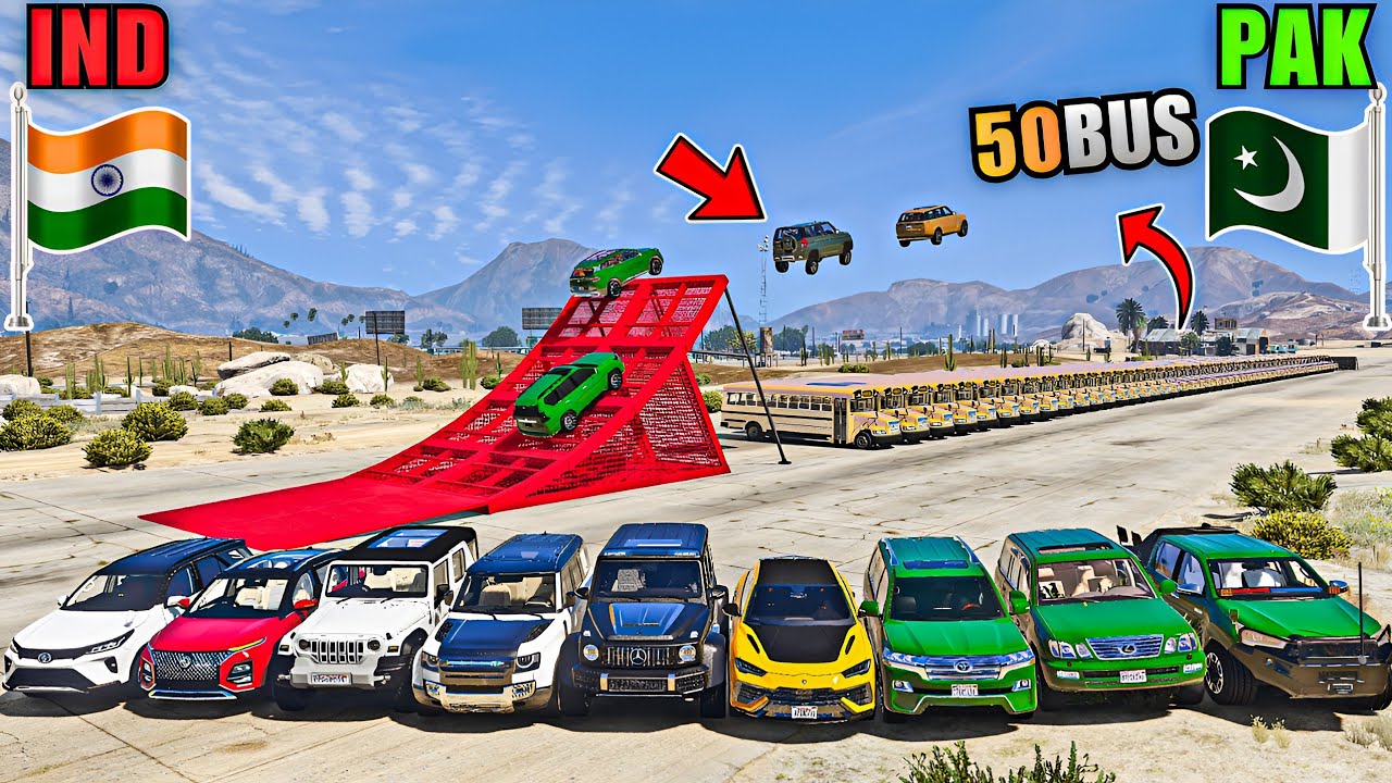 INDIA Vs PAKISTAN Vs LUXURY SUV CARS VS JUMP OVER 50 SCHOOL BUS RAMP CHALLENGE | Gta 5 Gameplay