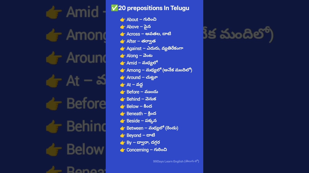 20 prepositions In Telugu, Learn English in telugu,#telugutoenglish #spokenenglishgrammar