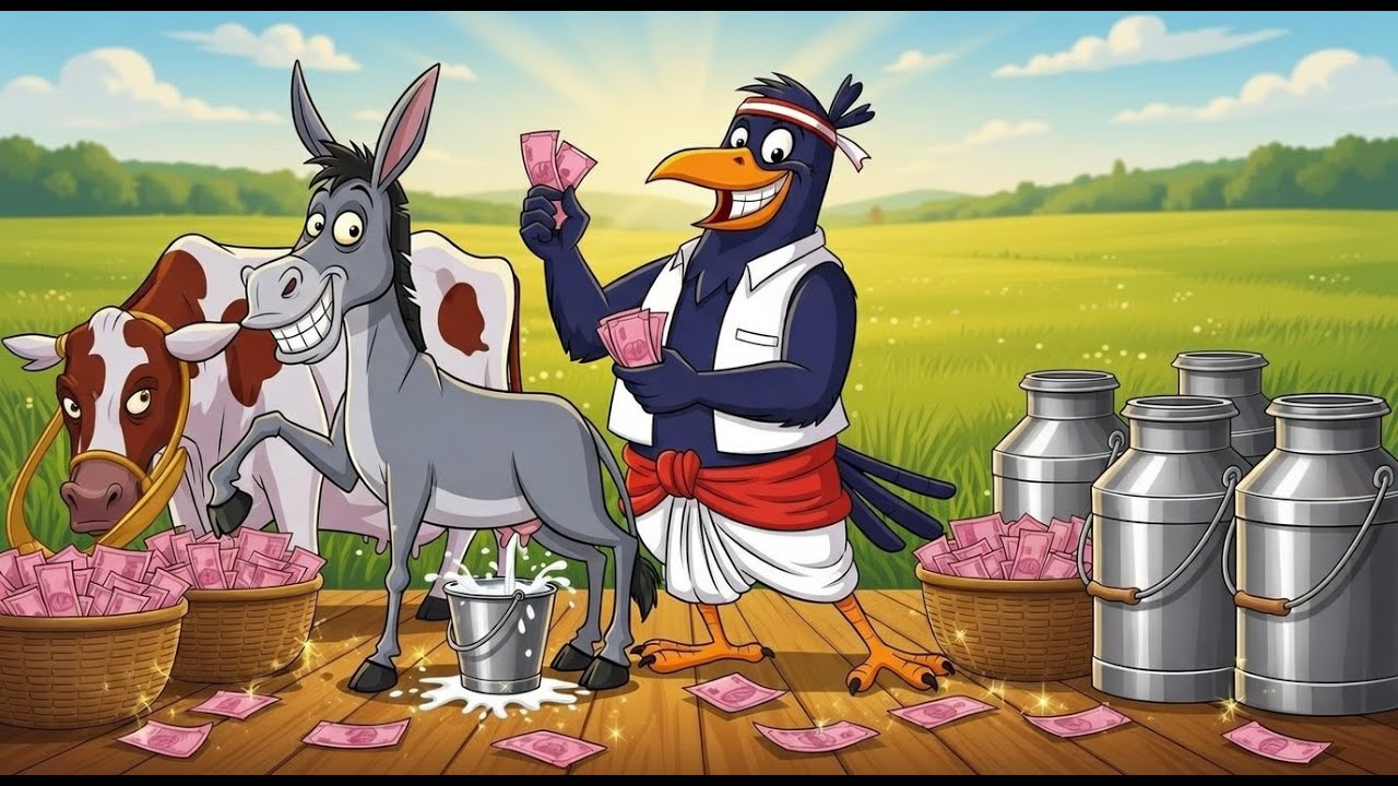 लालची गधे का दूधवाला कौवा The greedy donkey's milkman crow #HindiCartoon #birdAnimation