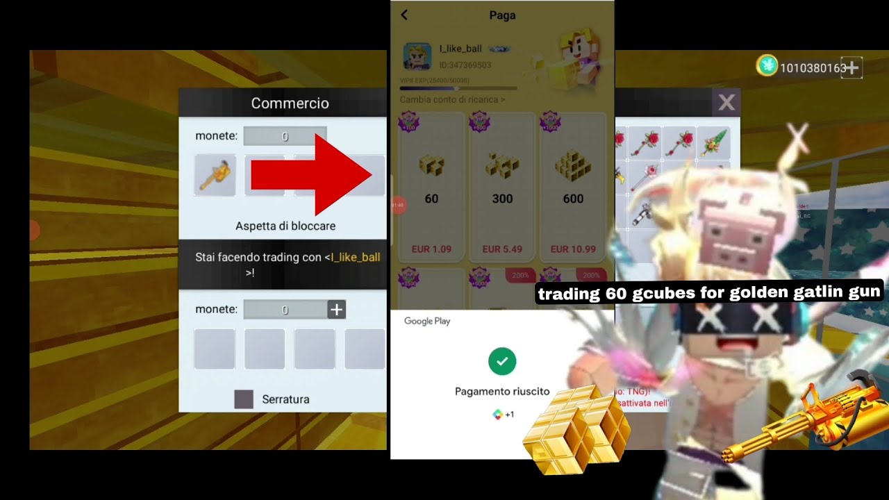 Trading 60 Gcubes For Golden gatlin gun in skyblock!!!!!!!!!! (BlockMan Go)