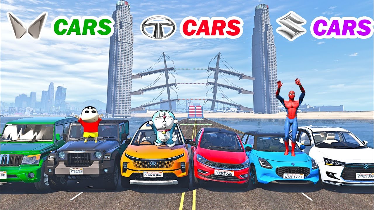 gta 5 broken bridge jump challenge mahindra cars vs maruti cars and tata cars | gta 5 telugu