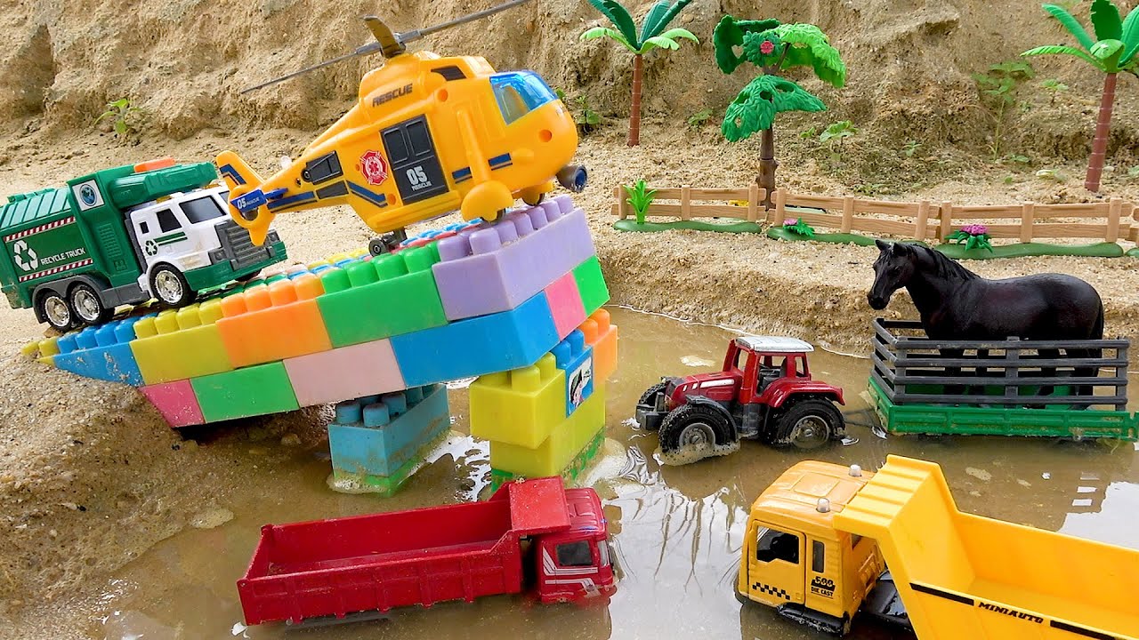 Tractor and Dump Truck Construction Vehicles for Kids | Build Bridge Blocks Toys