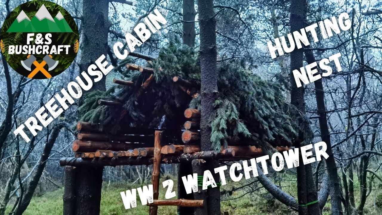 Hunting nest | Treehouse cabin | finally completing the roof | spruce bows | natural debris camo