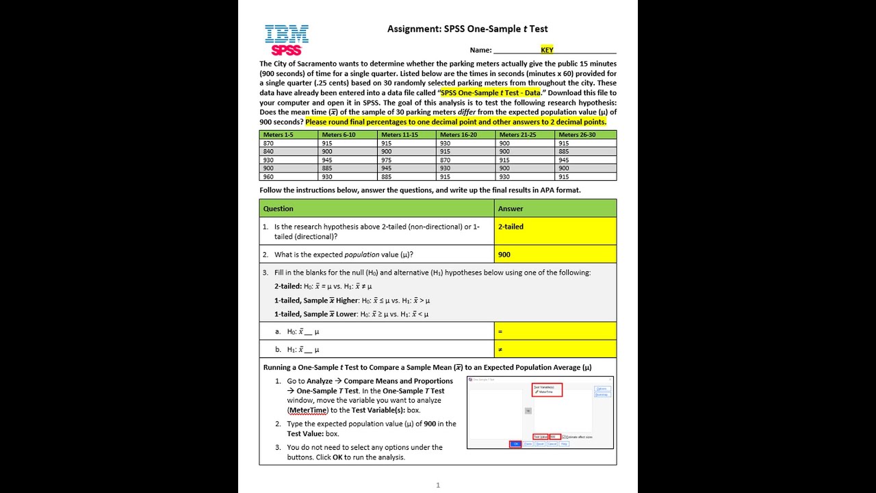 SPSS One Sample t Test - Answer Key Video