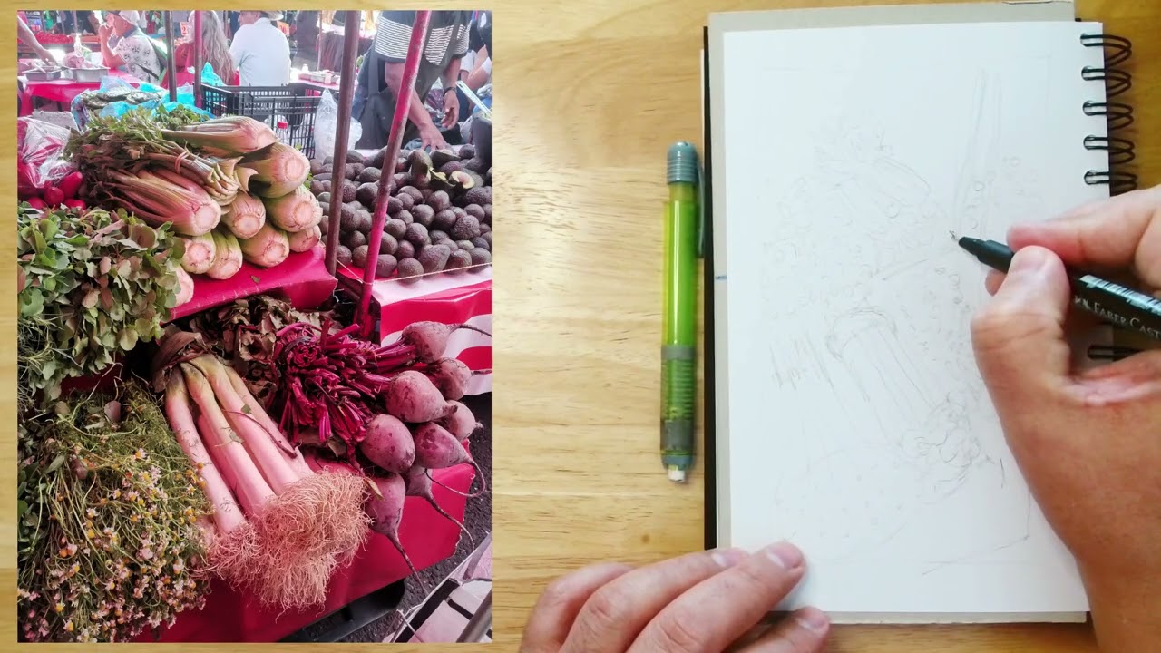 Let's Draw Together 09: Farmer's Market Produce. Lo Fi jams, drawing, company, background music,