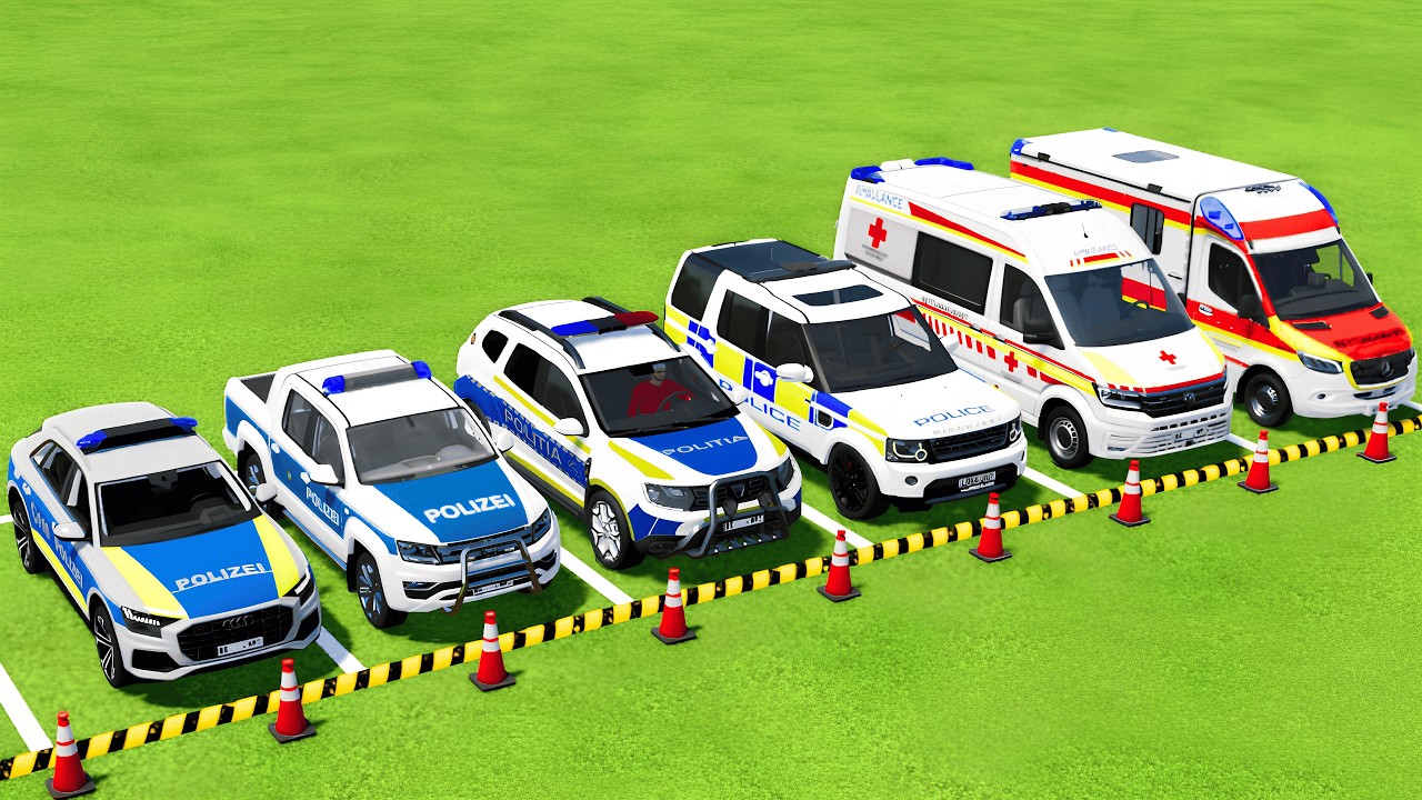 TRANSPORTING ALL POLICE CARS & AMBULANCE EMERGENCY VEHICLES WITH MAN TRUCKS ! Farming Simulator 22