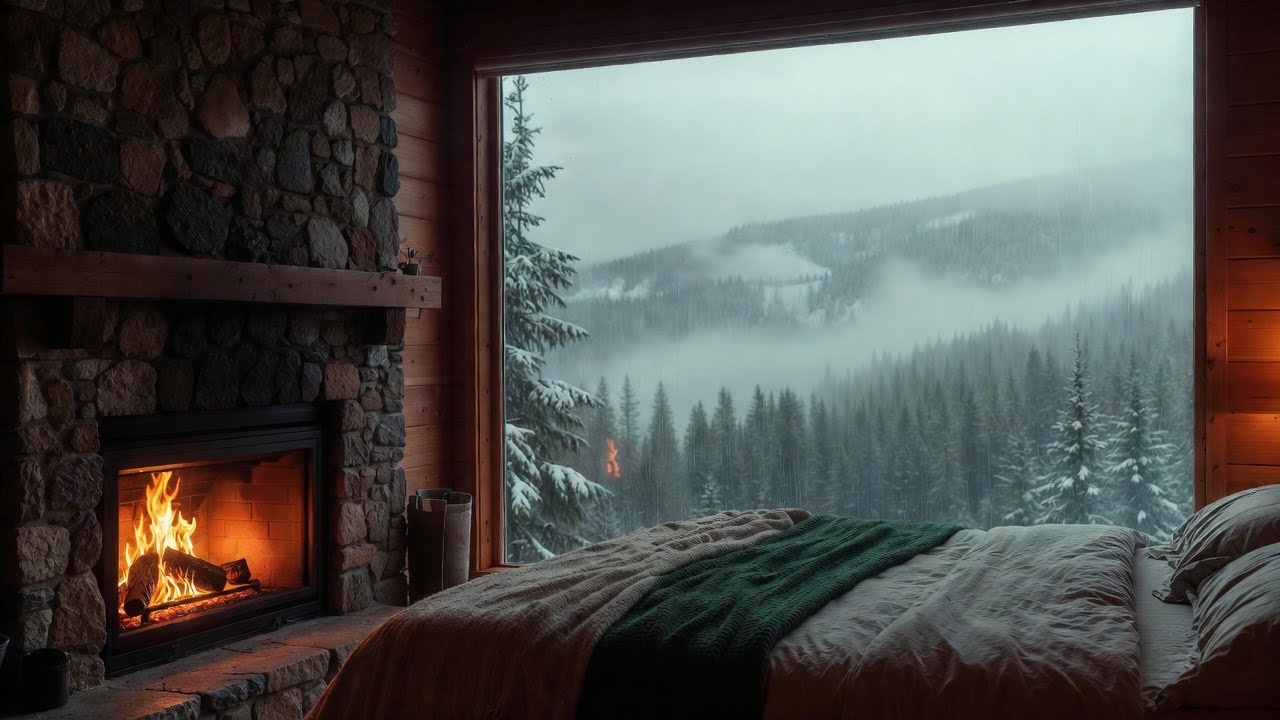 24/7 Cozy Mountain Cabin & Heavy Rain Sounds for Sleep - Fireplace Ambience in Bedroom 🏔️🌧️