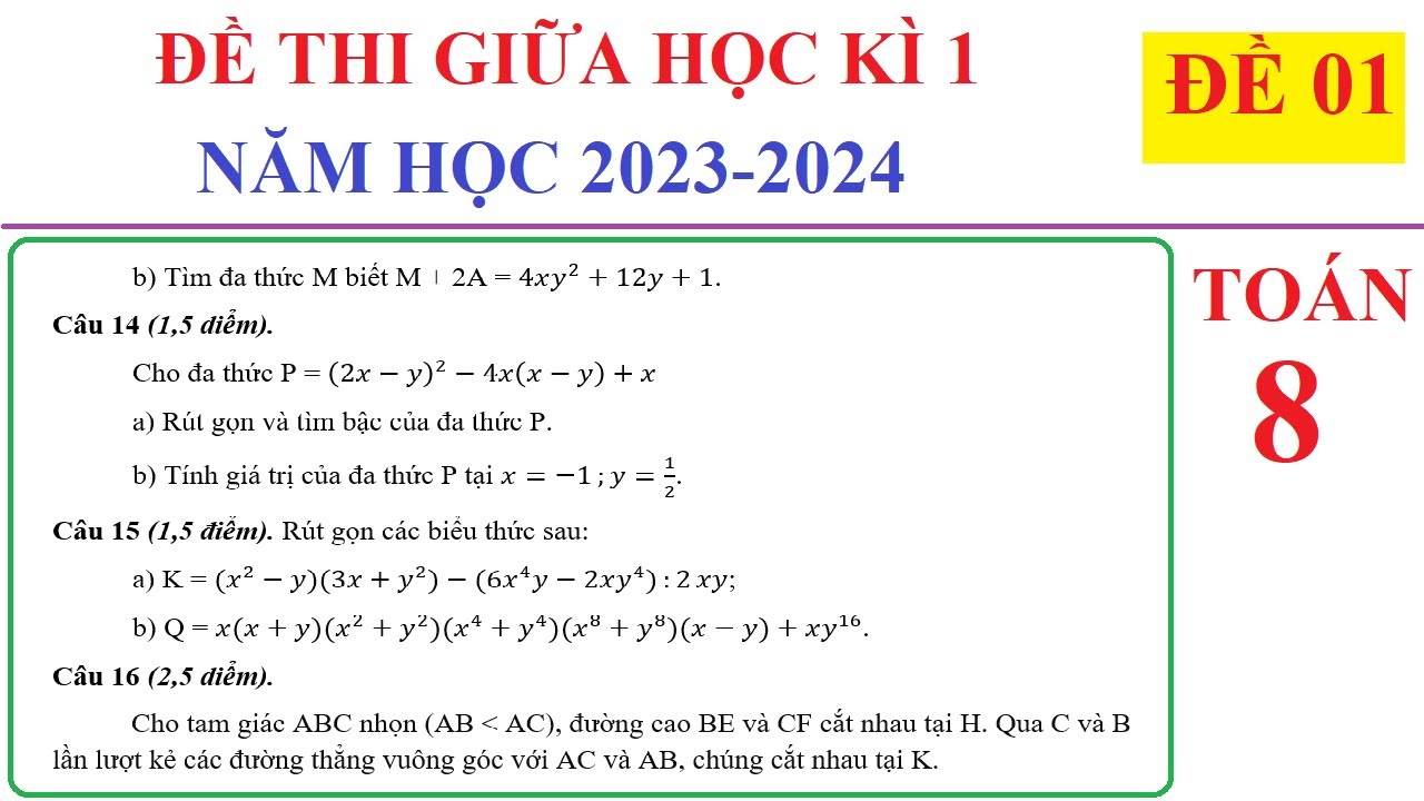 TOÁN 8 - ĐỀ 1 - ĐỀ THI GIỮA HỌC KÌ 1 TOÁN LỚP 8 NĂM HỌC 2023-2024. SÁCH CHƯƠNG TRÌNH MỚI