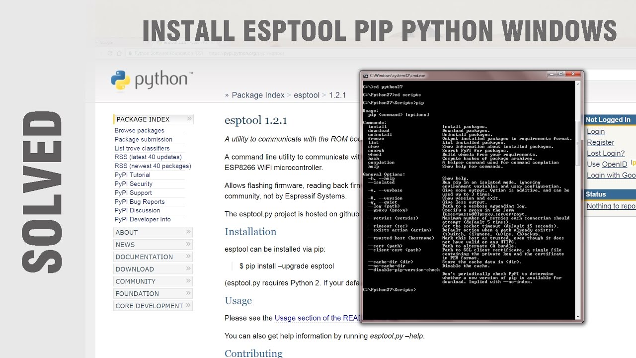 How to install esptool via pip Python on Windows cmd for esp8266 NodeMCU (solved)
