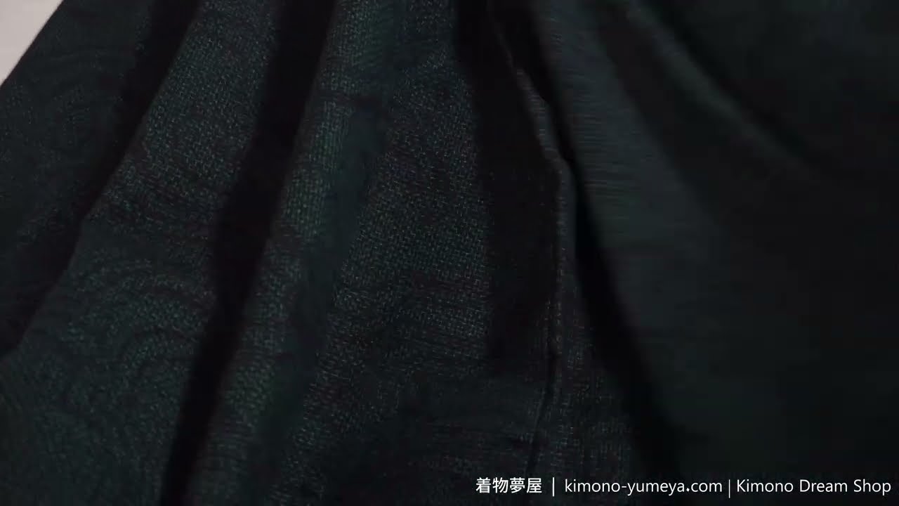 Black with Neon Green Vines Patterns Vintage Silk Women's Kimono Tsumugi with Patterns Made in Black