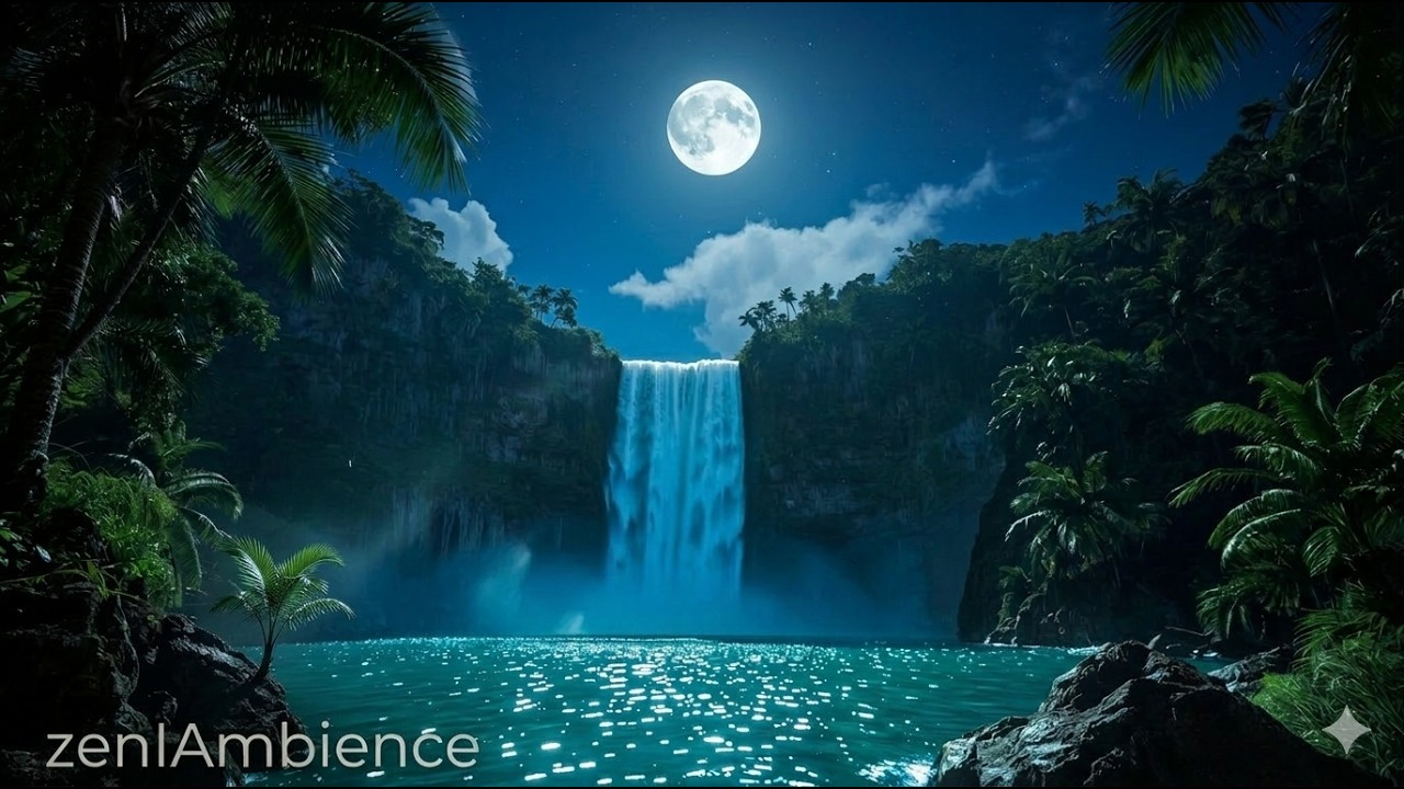PACIFIC JUNGLE 🌙 Moonlit Night Waterfall | Deep Sleep & Stress Relief
