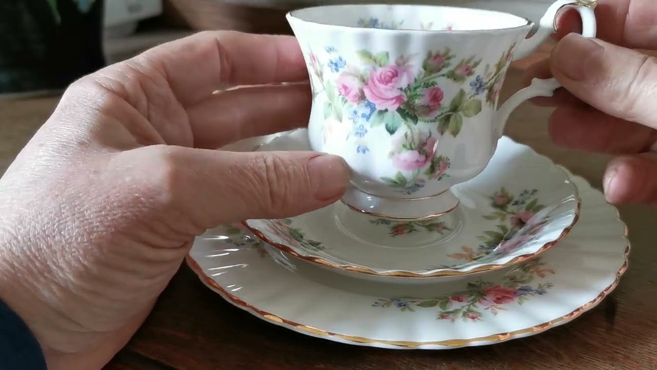 Royal Albert China Moss Rose Tea Cup Saucer & 7.25-inch Side Plate Trio