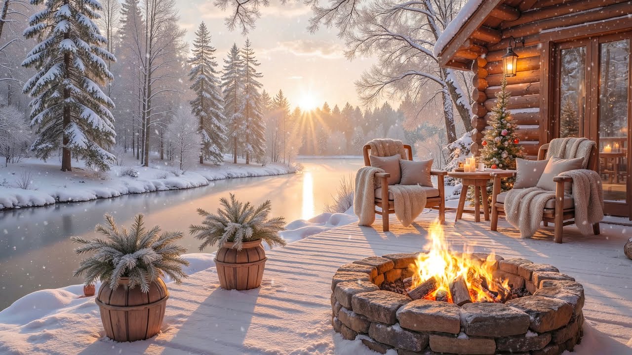 Зимняя веранда у озера с камином ❄️🔥 Потрескивание костра и звуки природы