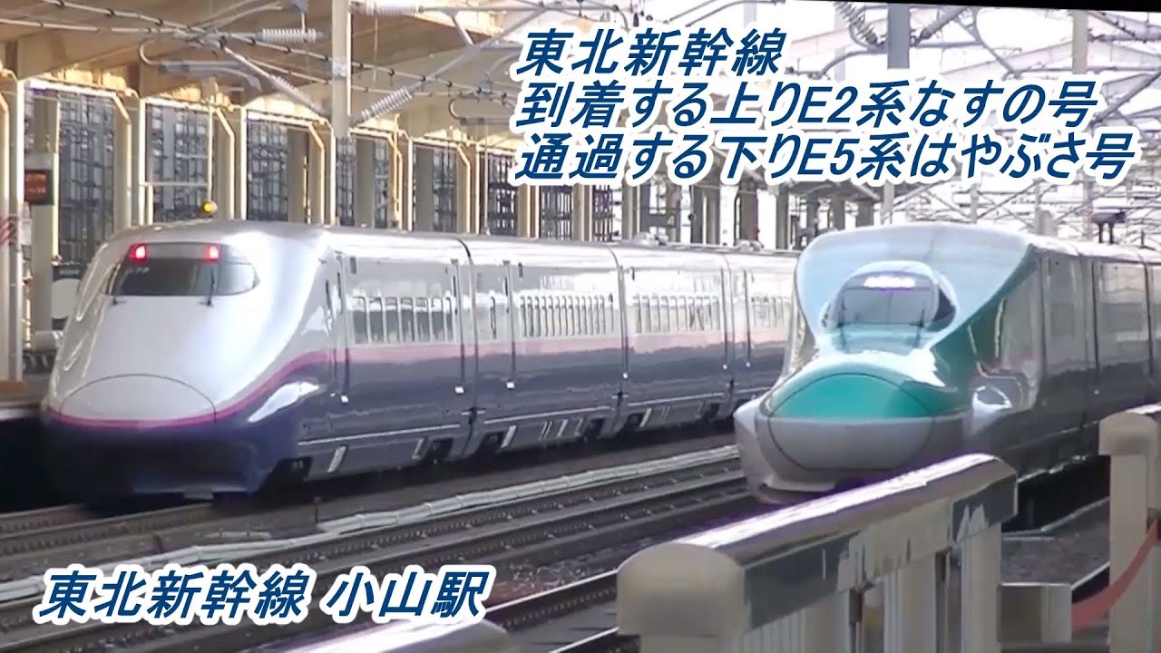 東北新幹線 小山駅   到着する上りE2系なすの号   通過する下りE5系はやぶさ号