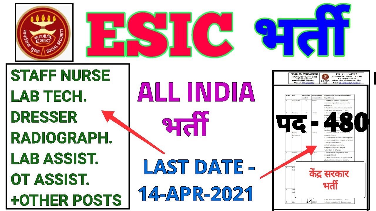 ESIC RECRUITMENT 2021 - POST - 489  - VARIOUS POSTS -ALL INDIA ESIC VACANCY- LAST DATE - 12-APR-2021