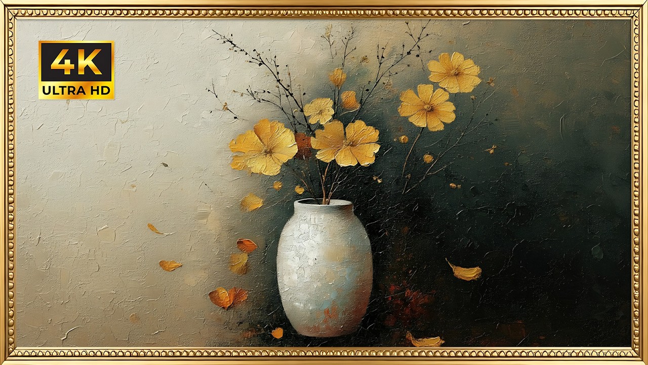 Soft Golden Yellow Flowers in Vase | Gold Framed 4K Art Screensaver | Neutral Floral TV Wallpaper