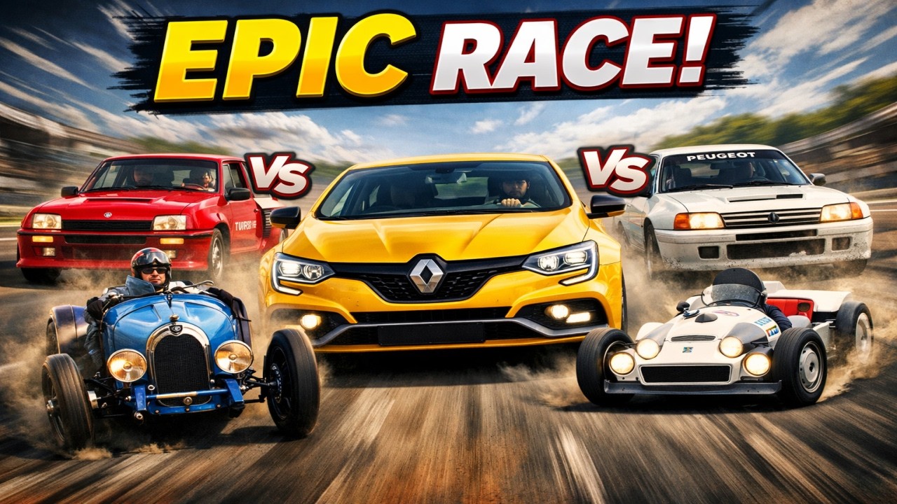 Renault Megane vs Bugatti T35C vs Renault 5 Turbo FE vs Peugeot 205 T16 | Ultimate French Race! 🏁