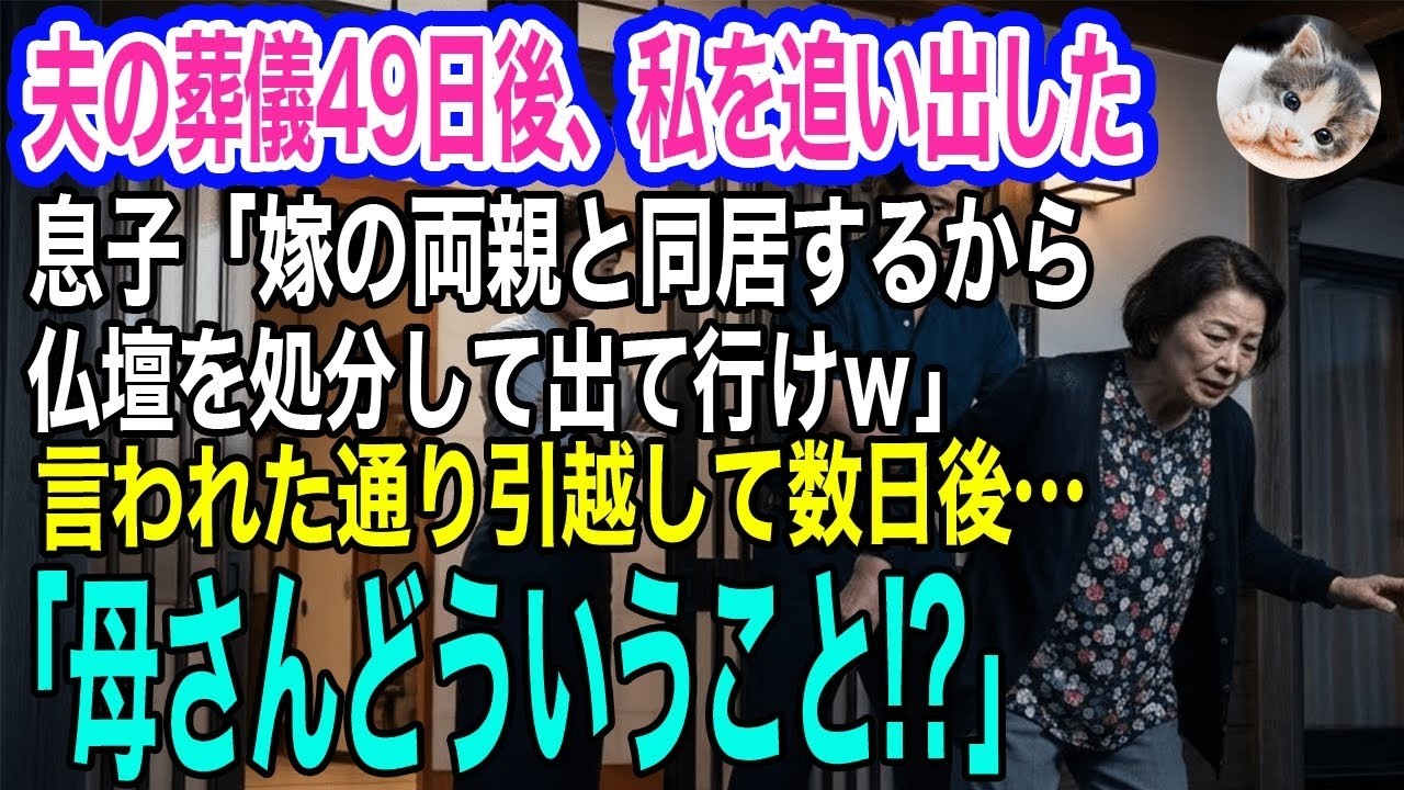 夫の葬儀49日後、嫁の言いなり息子が私を家から追い出し「嫁の両親と同居するから仏壇を処分して出て行けｗ」→引っ越して数日後…息子「母さんどういうこと⁉」実はｗ【スカッとする話・年金シニア生活】