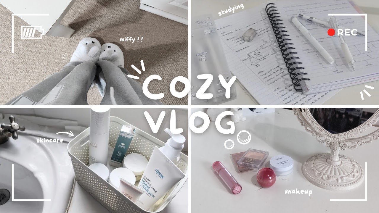 cozy vlog ⋆˚𝜗𝜚˚⋆ || slow days of skincare, makeup and studying 🦢🤍🌷