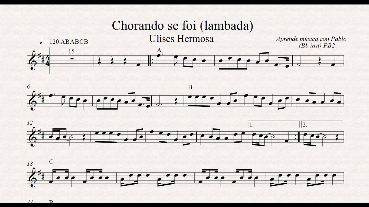 CHORANDO SE FOI - LAMBADA PB2: Bb inst (clarinete, trompeta, saxo sop/tenor) (partitura/playback)