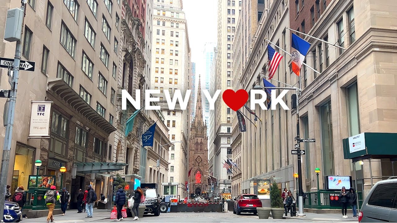 [4K]🇺🇸 Прогулка по Нью-Йорку: Финансовый район🏦, Нижний Манхэттен🗽/Обед в La Parisienne🥞🥪☕ Март 2023