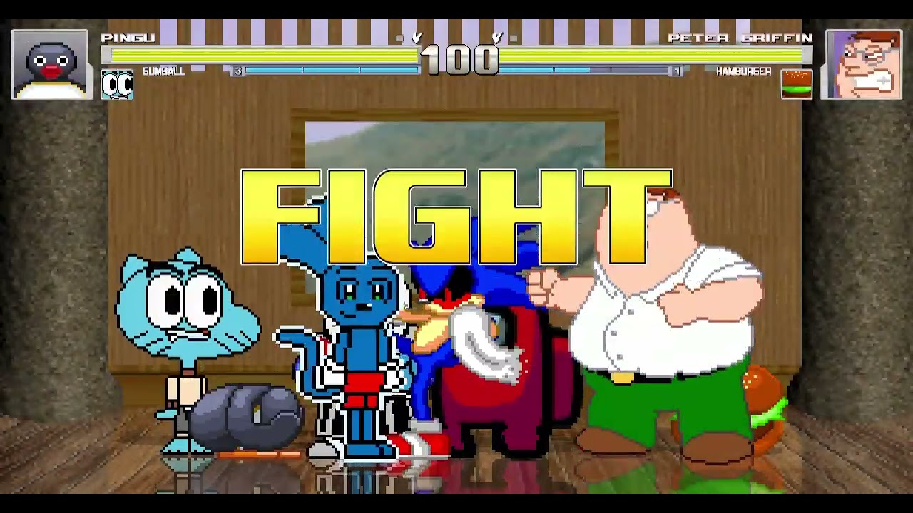 Mugen Battle Pingu, Gumball, Riggy & Sans...? VS Peter Griffin, Hamburger, Sonic.EXE & Imposter