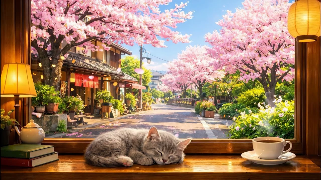 Cozy Sakura Cat Café Ambience 🌸🐱 Japanese Spring Coffee Shop | Relaxing Jazz for Study & Focus