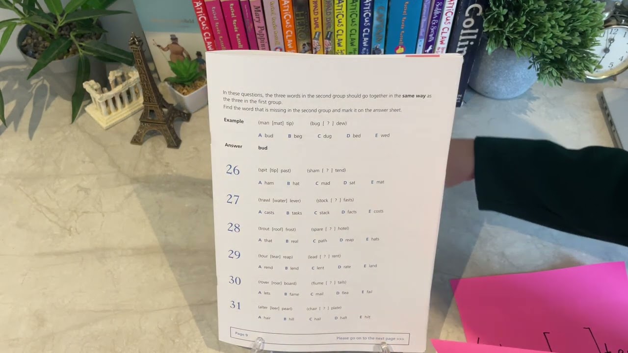11+ Verbal Reasoning GL Practice Paper; questions on missing word..￼