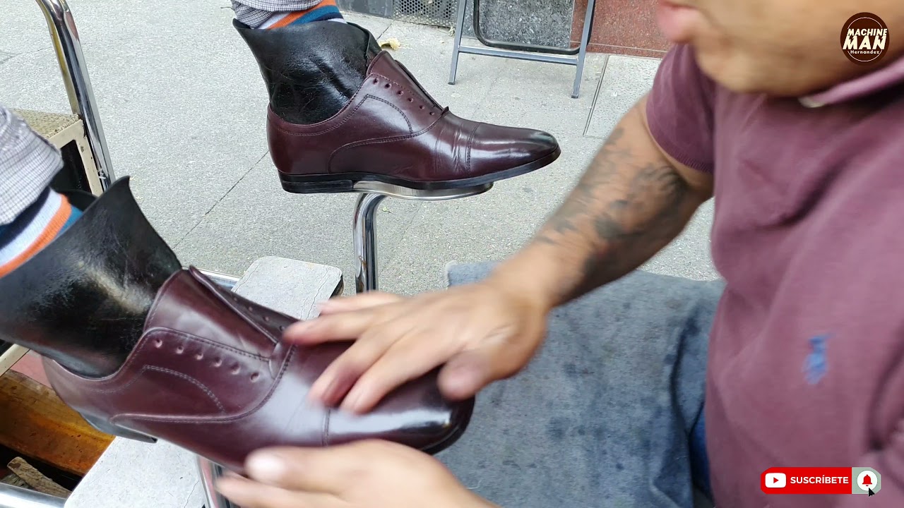 shoeshine aubergine shoes restored with salves and balms