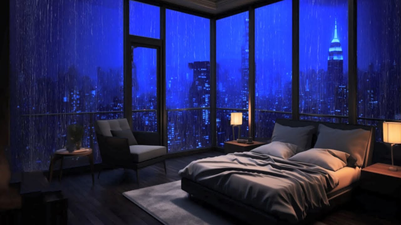 Rainy Night Bedroom with City View 🌧️ | Deep Sleep, Relaxing Rain Sounds, Night Ambience