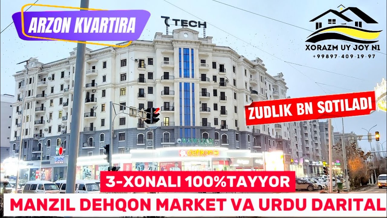 Urganch shaxar urdu darital va dehqon market orqasida 5-qavatli domni 4-qavatida 3-xonali 100%tayyor