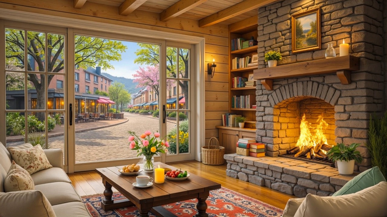 Cozy March Morning Coffee Shop ☕ Gentle Jazz Piano & Warm Fireplace Ambience
