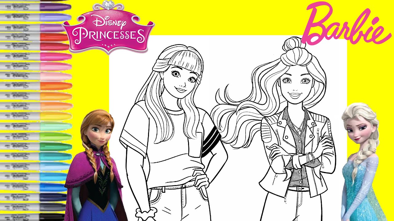 Barbie and Friends Makeover as Disney Princess Anna and Elsa Ariel Mulan Coloring Book Pages