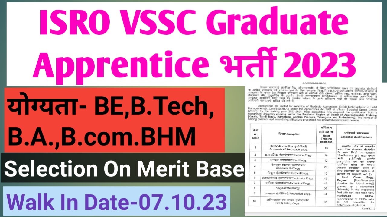 ISRO VSSC Graduate Apprentice Recruitment 2023 . ISRO-VSSC Graduate Apprentice Walk in 2023.