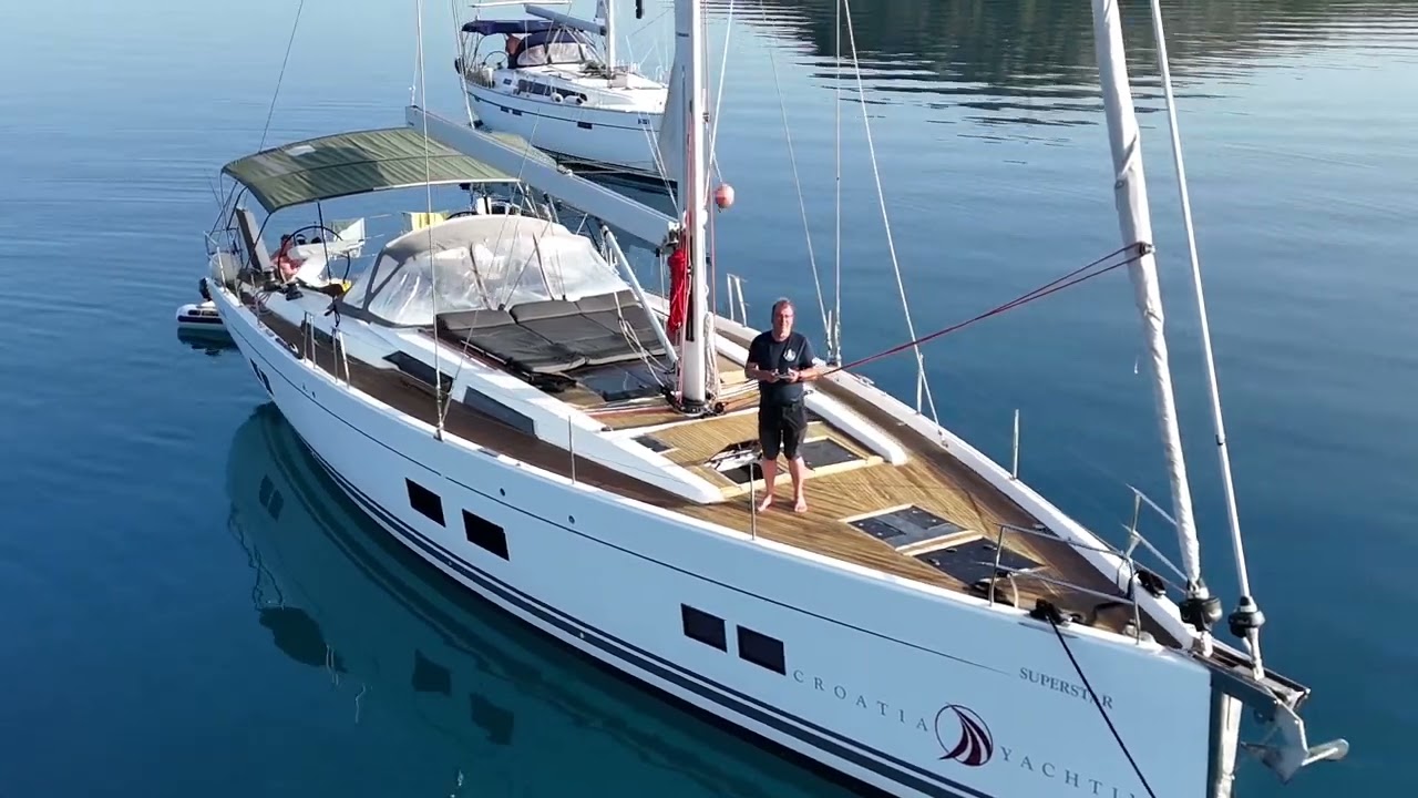 Hanse 588.   Mooring at OTOK ZUT, CROATIA. 20-05-2024. Drone