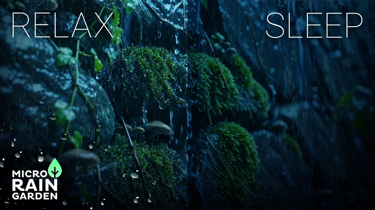 Macro Rain on Mossy Stone Wall · Deep Sleep & Calm Focus · Night Garden Ambience · 6 Hours