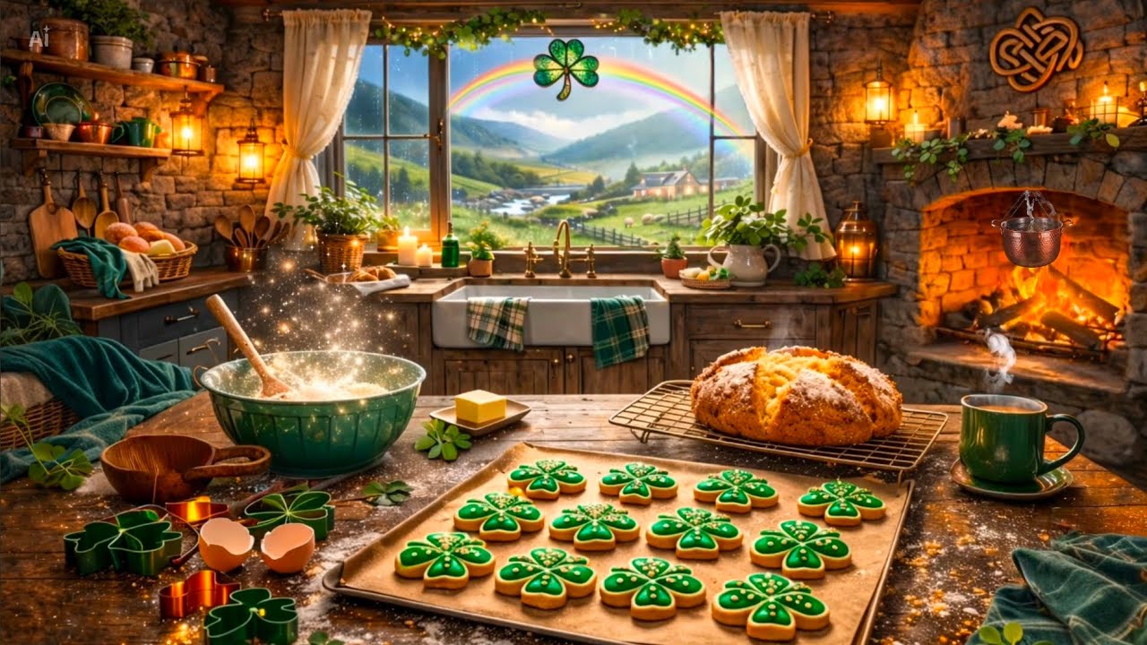 Irish Cottage Kitchen Baking 🍞 Cozy St. Patrick’s Fireplace Ambience🍀March Screensaver Background