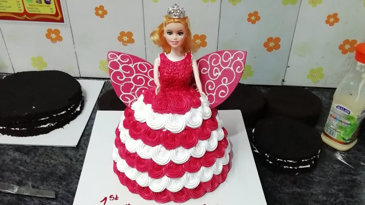 Respberry red and white colour barbie doll cake video