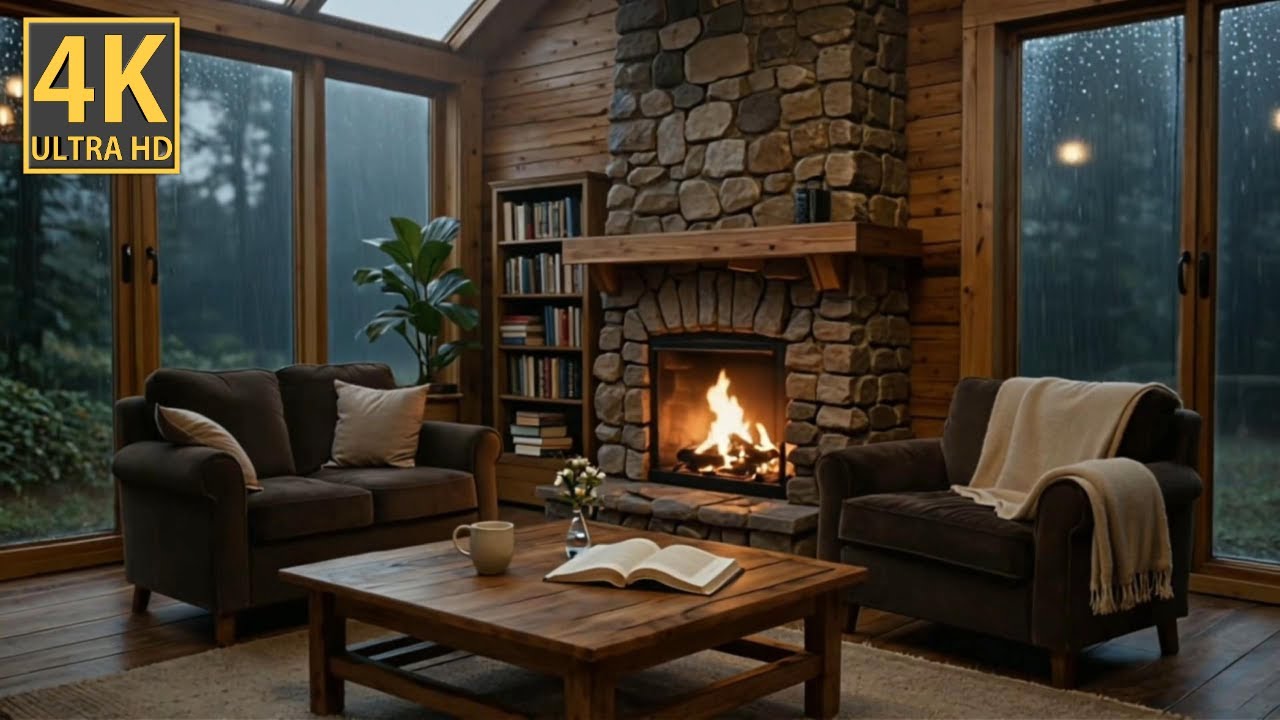 🔥 4K Fireplace with Gentle Rain Sounds | 3 Hours of Cozy Living Room Reading & Relaxation Ambience