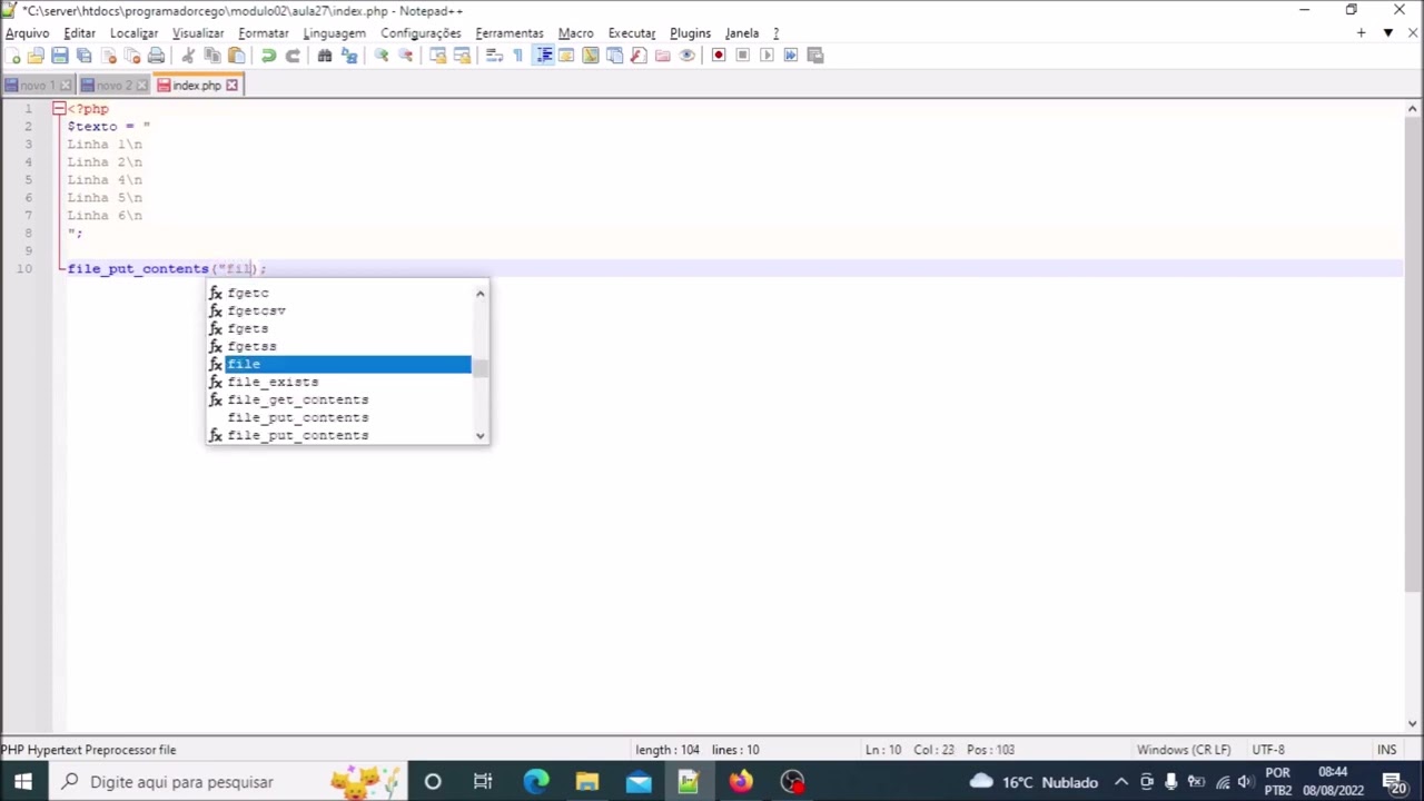 PHP M&oacute;dulo 2: Aula 32 - file_put_contents