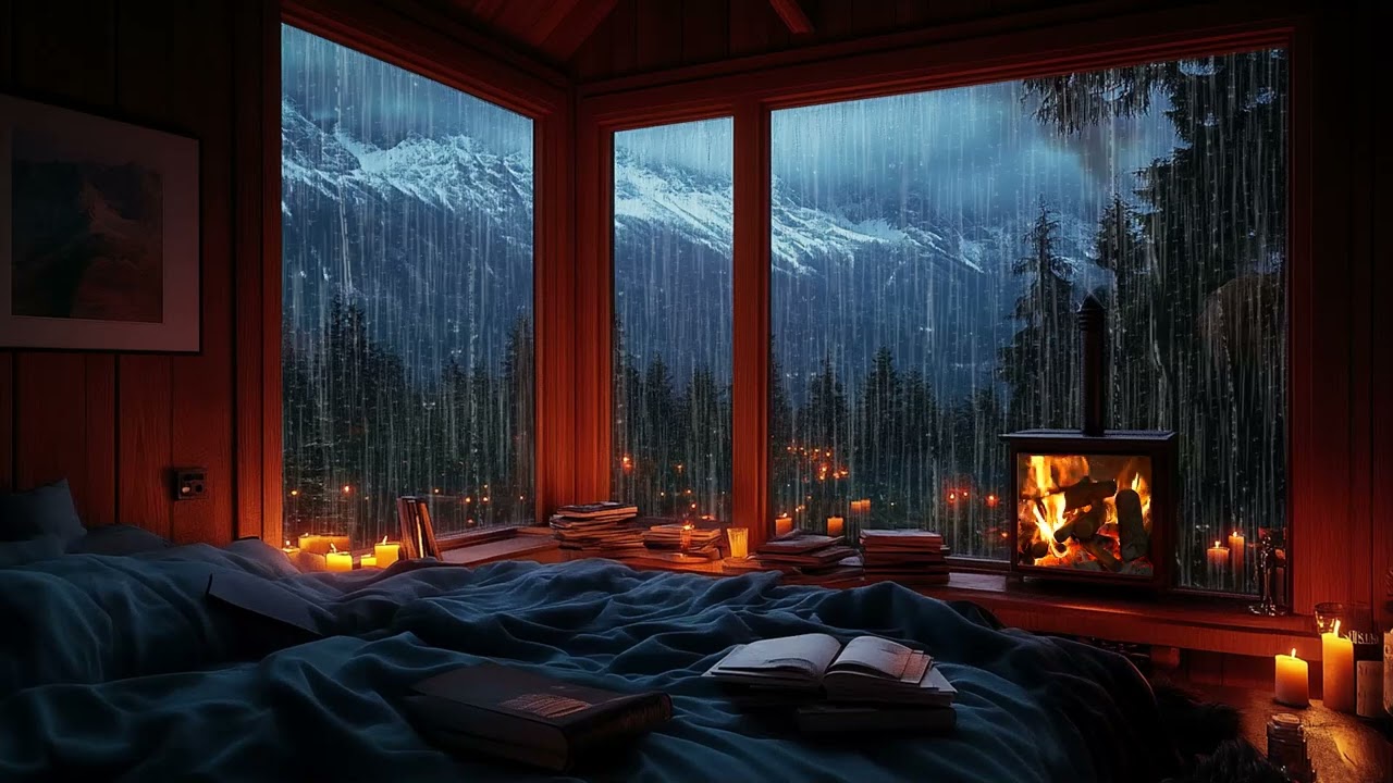 Rainy Night Ambience 🌧️ | Soft Rain & Crackling Fireplace Indoors | Relax Study Focus Sleep