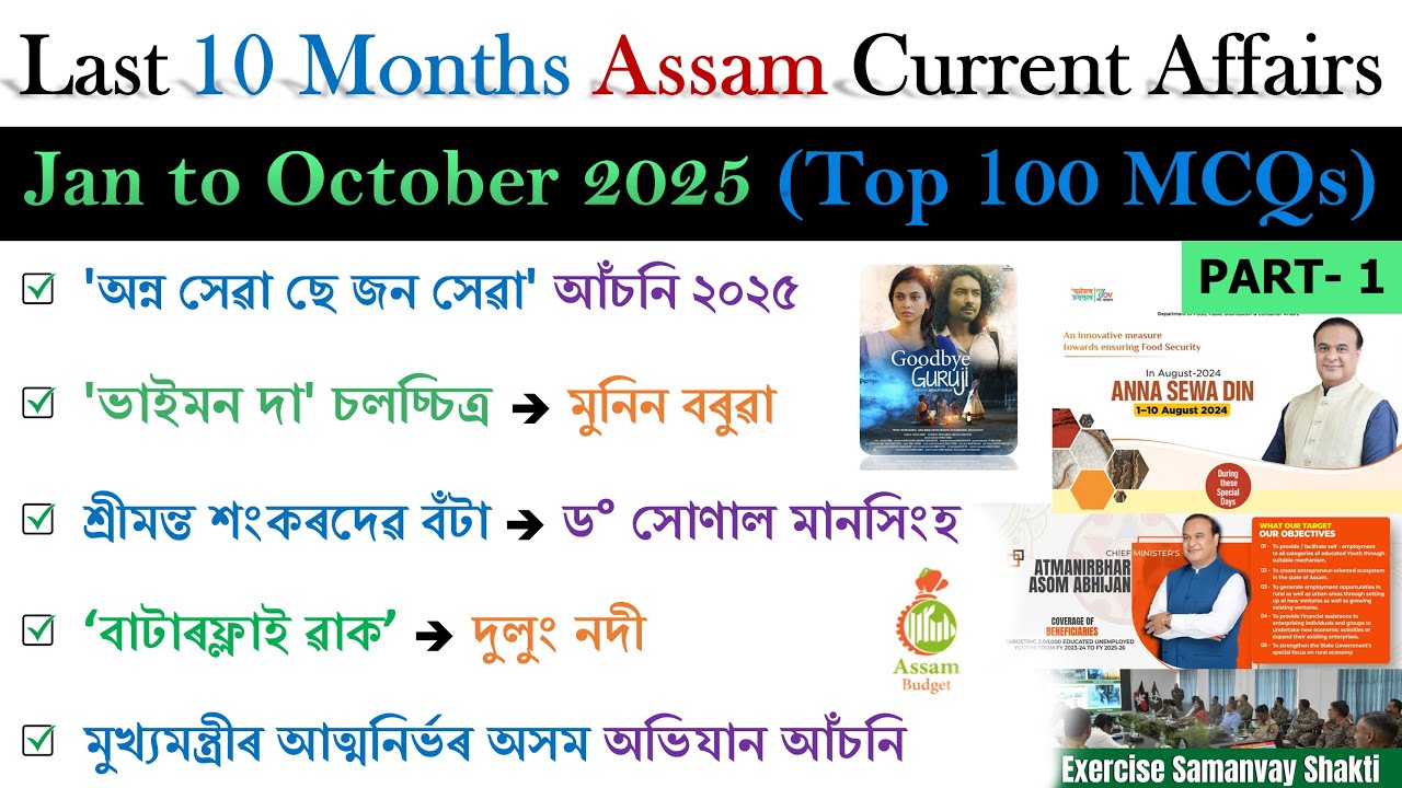 Last 10 Months Assam Current Affairs 2025 ❤️ | January to October Important Assam Current Affairs 🔥