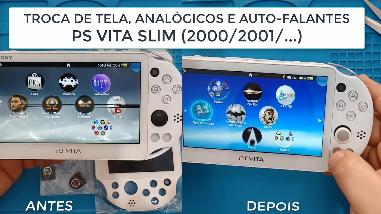 PS Vita Slim - Troca de Tela, Analogicos e Auto-falantes - Reparo e desmontagem total - Modelo 2000