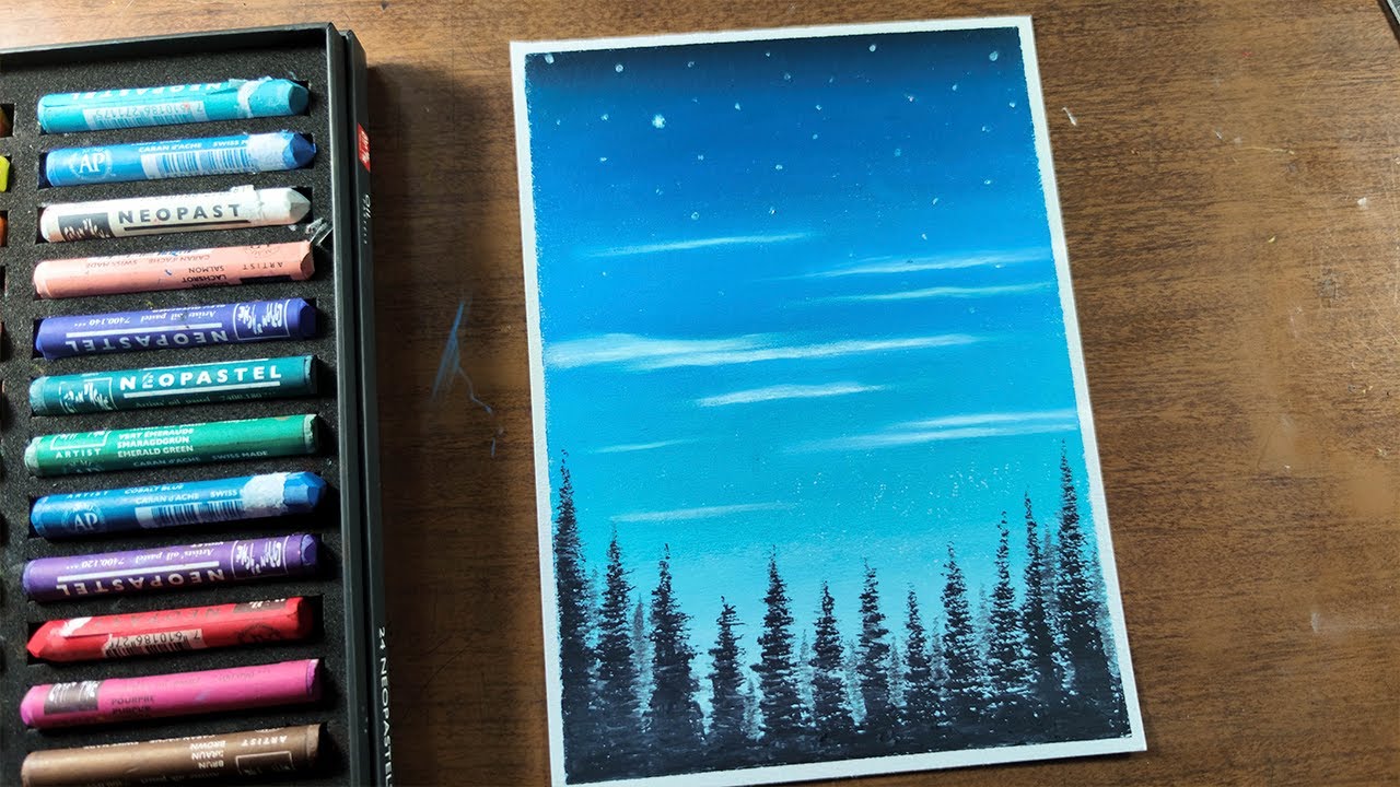 Cielo Azul y Estrellas sobre el bosque con Óleo Pastel