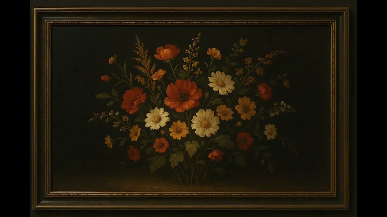 Dark Moody Floral Oil Painting in Ornate Baroque Frame | 4K Art Screensaver for TV (No Music)