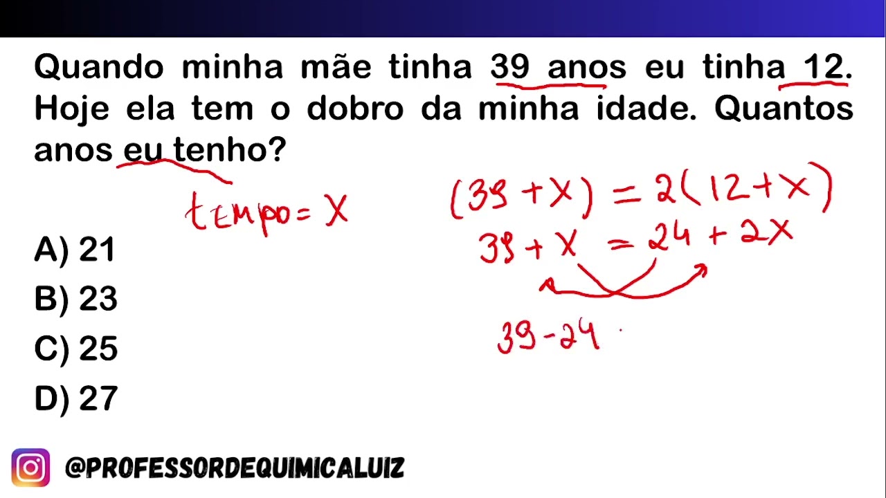 Quando minha mãe tinha 39 anos eu tinha 12. Hoje ela tem o dobro da minha idade.