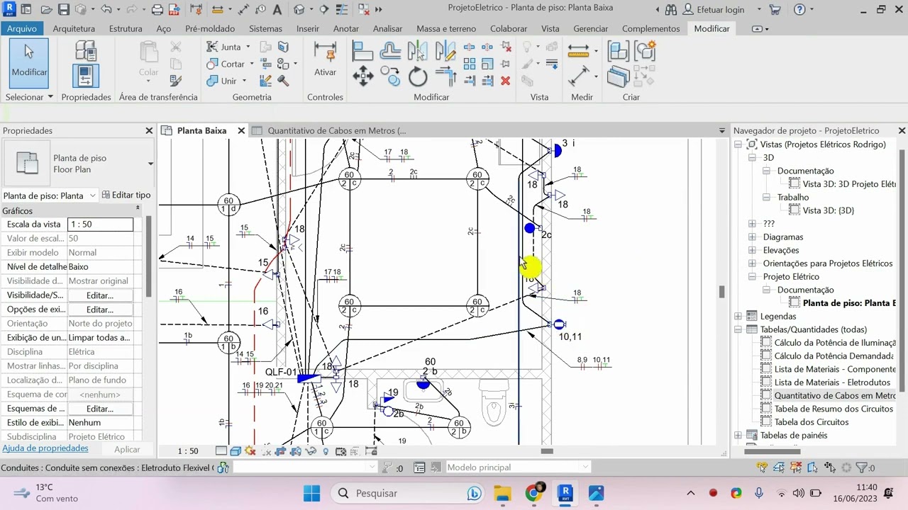 Como fazer quantitativo de cabos pelo revit?
