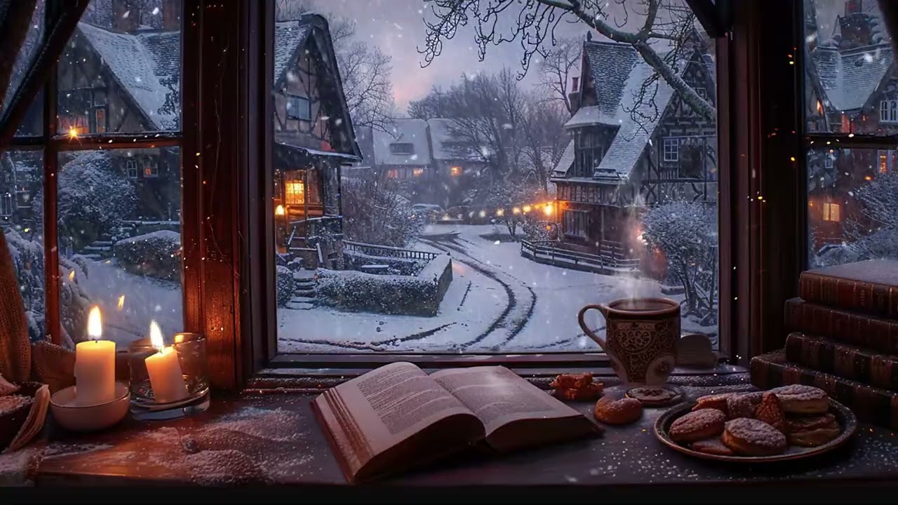 Cozy Winter Café Ambience ❄️ Warm Coffee Sounds, Snowfall and Calm Night for Relaxing