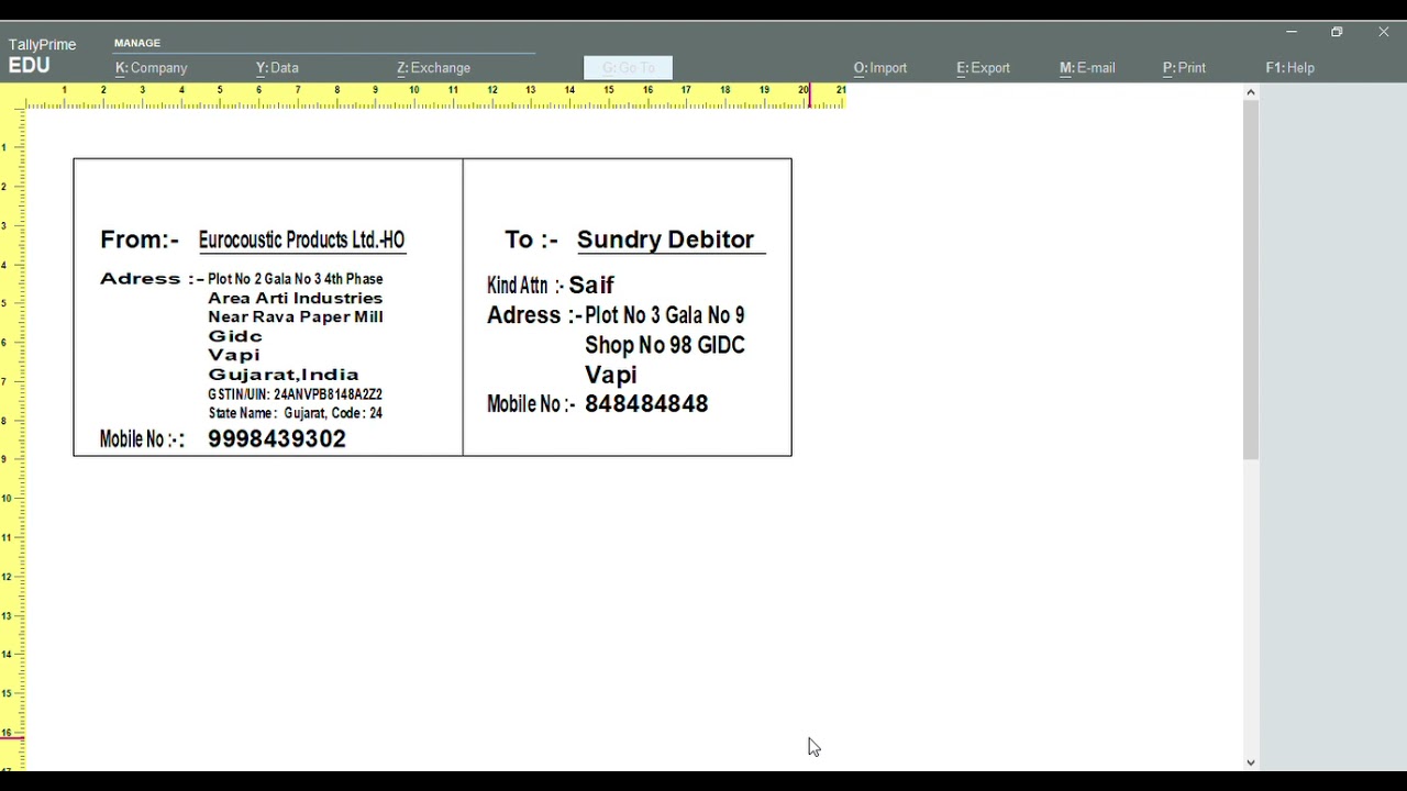 Envelope Print In Tally Prime
